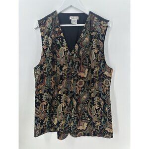 VTG Y2K Talbots Paisley Vest Black‎ Gold Sz L Green Burgundy Shimmery AC34